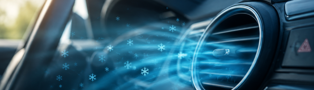 Cold air with icy blue graphic blowing from a car air conditioning vent, representing car air conditioning repairs in Mandurah